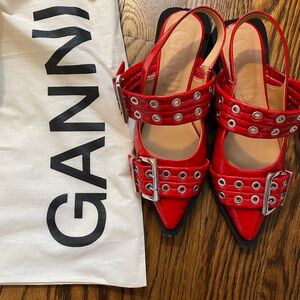 Ganni Red Wide Belt Buckle Ballerina Flats US 8
